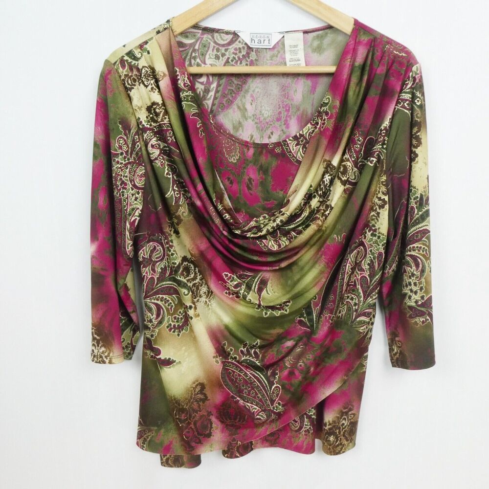 Keren Hart Draped Cowl Neck Liquid Knit Blouse Sz L Magenta Pink Green Y2K Artsy
